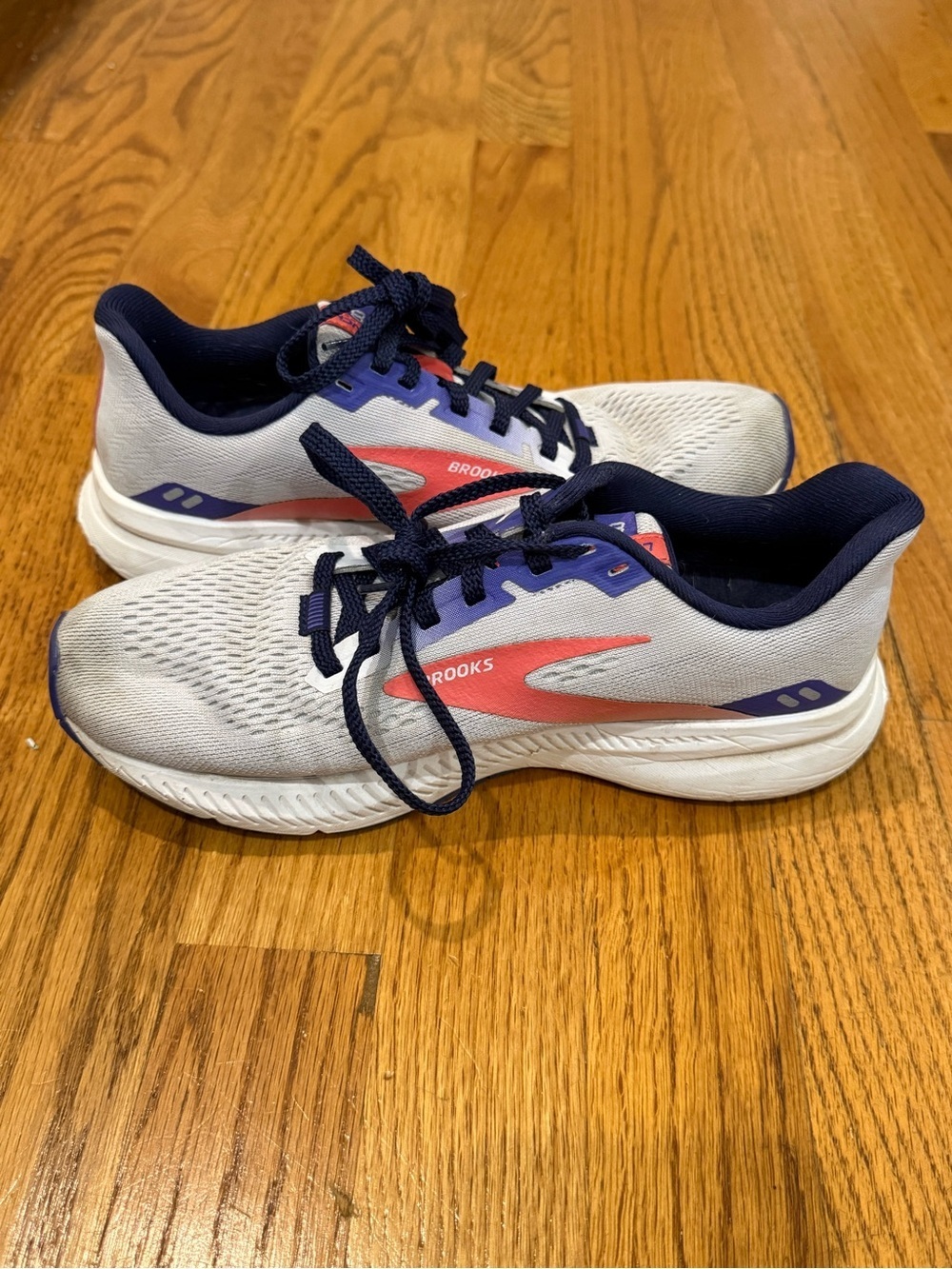 Brooks White and Navy Sneakers with Pink Accent